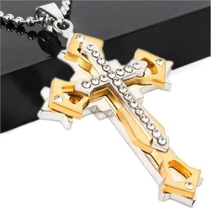 Fashion Men's Creative Diamond Cross Necklace Double Pattern Jesus Cross Pendant Hip Hop Necklaces for Men Cross Jewelry Religious Belief Amulet Birthday Anniversary Gift