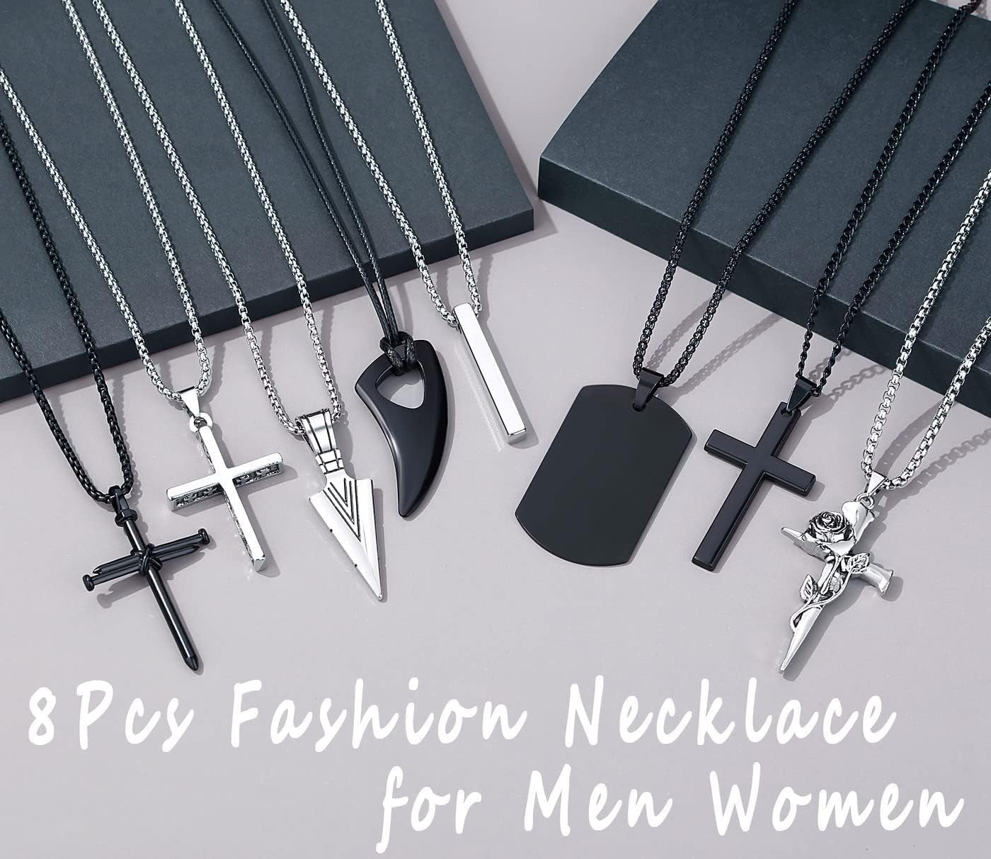 8 Pcs Necklace for Men, Mens Necklaces Jewelry Set, Black and Silver Stainless Steel Necklace, Cross Pendant Necklace, 16-24 Inches Chain