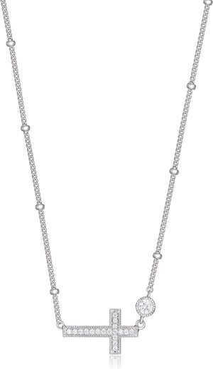 .925 Sterling Silver Rhodium Plated Cubic Zirconia Sideways Cross Sterling Silver Necklace for Women - Faith Dainty Jewelry Choker Cross Necklace for Women, Adjustable Chain 16 Inch