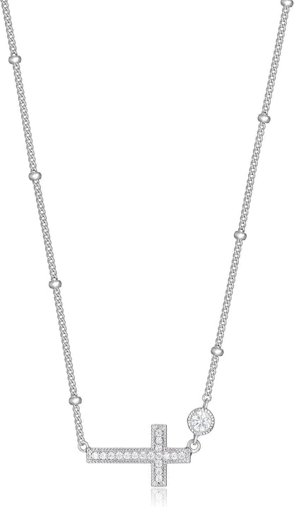 .925 Sterling Silver Rhodium Plated Cubic Zirconia Sideways Cross Sterling Silver Necklace for Women - Faith Dainty Jewelry Choker Cross Necklace for Women, Adjustable Chain 16 Inch
