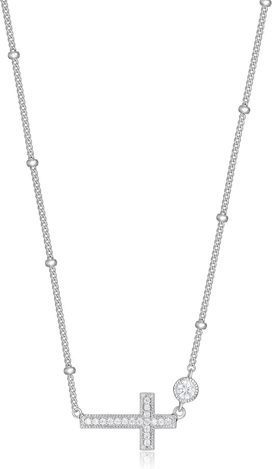 .925 Sterling Silver Rhodium Plated Cubic Zirconia Sideways Cross Sterling Silver Necklace for Women - Faith Dainty Jewelry Choker Cross Necklace for Women, Adjustable Chain 16 Inch