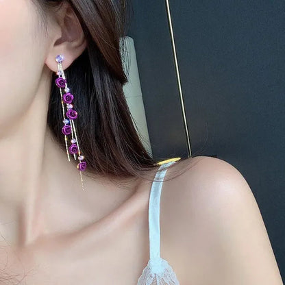 New Exquisite Women's Fashion S925 Silver Needle Diamond Rose Long Tassel Earring Jewelry Gift