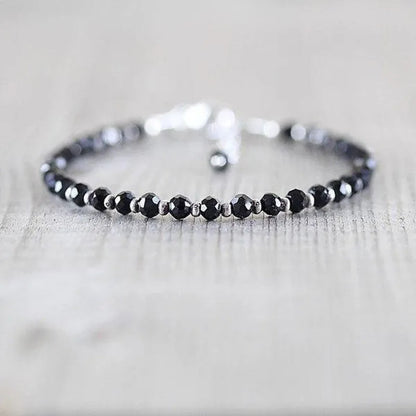 Black Spinel, Sterling & Karen Hill Tribe Silver Bracelet Boho Beaded Gemstone Bracelet Dainty Stacking Bracelet - WORLD TIME VISITS