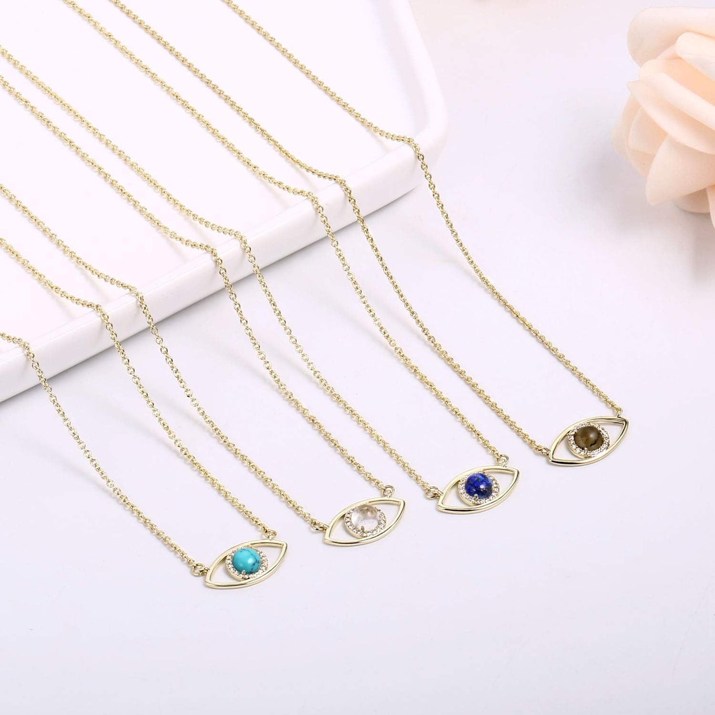 14K Gold Dainty Evil Eye Necklace for Women | Gemstone Necklace | Real Crystal Necklace for Women