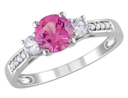 Created Pink and White Sapphire Three Stone Ring with Diamonds 1.40 Carat (ctw) in 10k White Gold