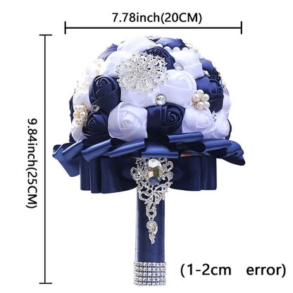 20CM Navy Blue & White Silk Rose Wedding Bouquet Pearl Rhinestone Brooch Bridal Bouquet Ribbon Artificial Flower Creative Holding Flowers