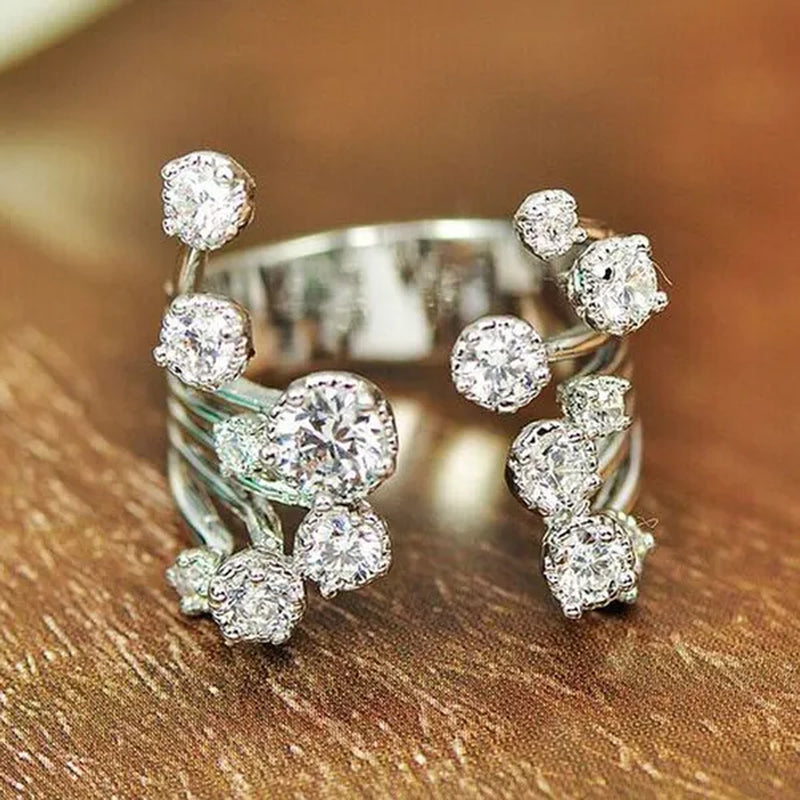 Gorgeous  Silver Crown Natural Gemstones White Sapphire Birthstone Bride Wedding Engagement Multilayer Rose Flower Ring Size 6 7 8 9 10