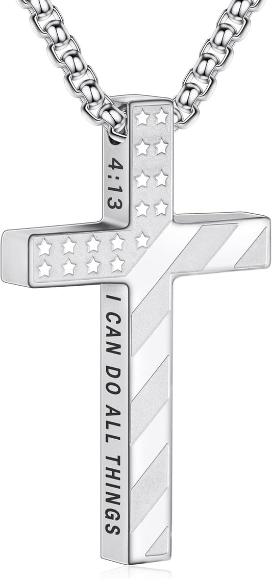 Valentines Day Gifts for Him Cross Necklace for Men Boys, 316L Stainless Steel Chain Pendant Bible Verse Religious Christian Christmas Jewelry Gifts 22+2 Inches