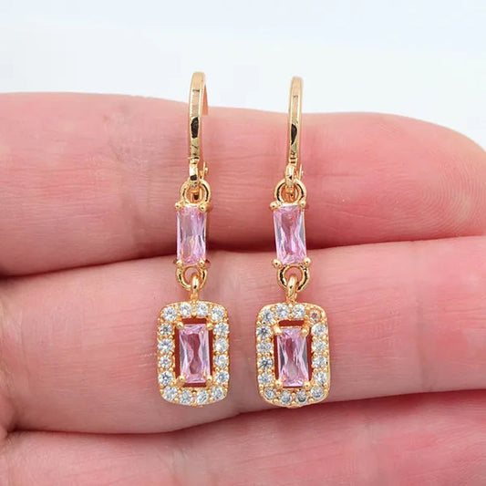 Women Fashion Lovely Pink Cubic Zirconia CZ Dangle Earrings Jewelry
