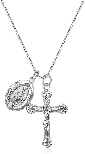 925 Sterling Silver Crucifix Cross and Miraculous Medal Pendant Necklace for Women