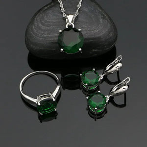 925 Sterling Silver Jewelry Sets Green Emerald Earrings Ring Pendant Neckalce round Jewelry Women Accessories