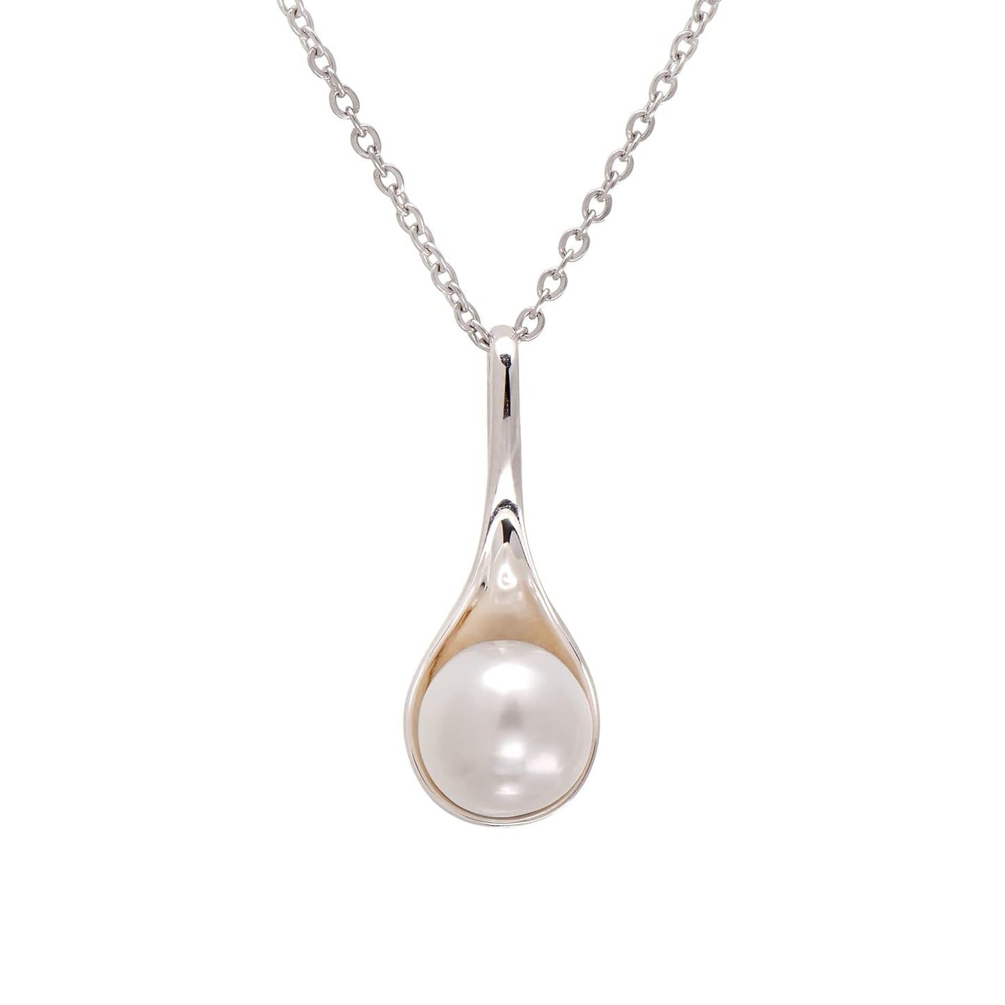925 Sterling Silver Spoon Shape Cultured White Pearl Pendant Necklace for Women