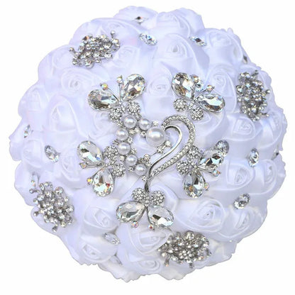 18CM Butterfly Love Diamond Brooch Bridal Bouquet Ribbon Silk Rose Wedding Simulation Flower Bouquet Handmade Bridesmaid Holding Flowers