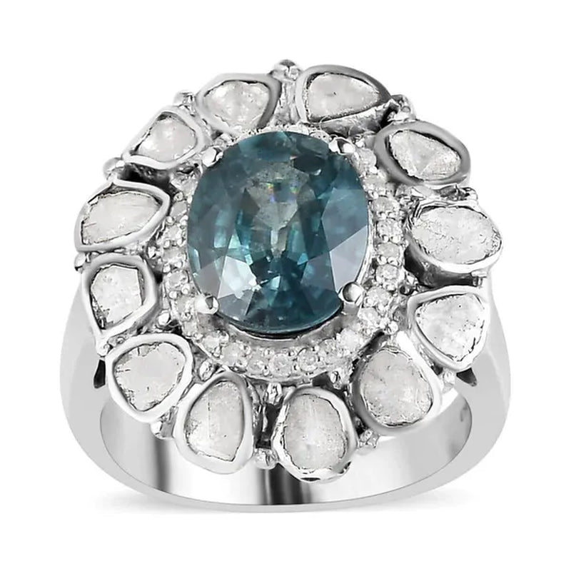 Shop LC Gifts 925 Sterling Silver 4.2 Ct Oval Ratanakiri Blue Zircon Birthstone Real Polki Diamond Cocktail Halo Ring Platinum Plated Engagement Anniversary Wedding Bridal For Her Size 6