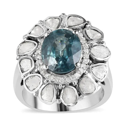 Shop LC Gifts 925 Sterling Silver 4.2 Ct Oval Ratanakiri Blue Zircon Birthstone Real Polki Diamond Cocktail Halo Ring Platinum Plated Engagement Anniversary Wedding Bridal For Her Size 6