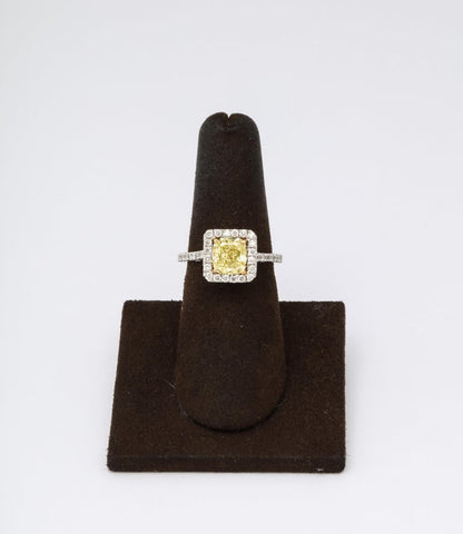 GIA Certified 1.71 Carat Yellow Diamond Cushion Cut Platinum Ring