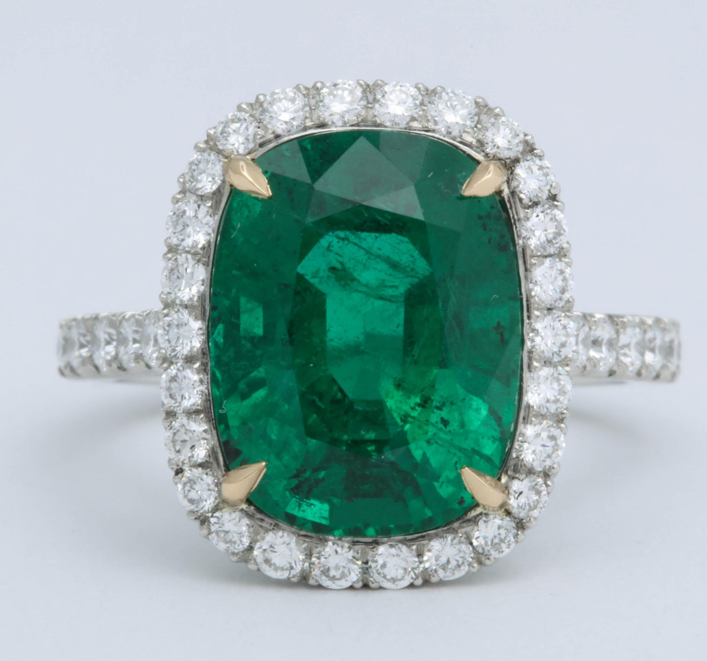 GIA Certified 5 Carat Green Emerald Cushion Cut Diamond Halo Ring