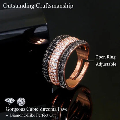 CANDICE New Arrival Trendy Cubic Zircon 3 Row Round Adjustable Open Cuff Ring for Female Cocktail Personality Finger Jewelry