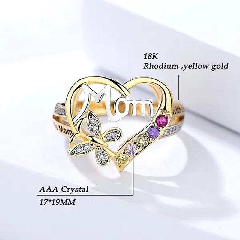 New Women Fashion Heart-Shaped Love Mum Ring Two Tone Gold Silver MOM Character Diamond Jewelry Family Birthday Best Gift for Mother Mummy Party Band Rings Size 5-11