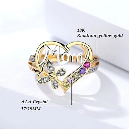 New Women Fashion Heart-Shaped Love Mum Ring Two Tone Gold Silver MOM Character Diamond Jewelry Family Birthday Best Gift for Mother Mummy Party Band Rings Size 5-11