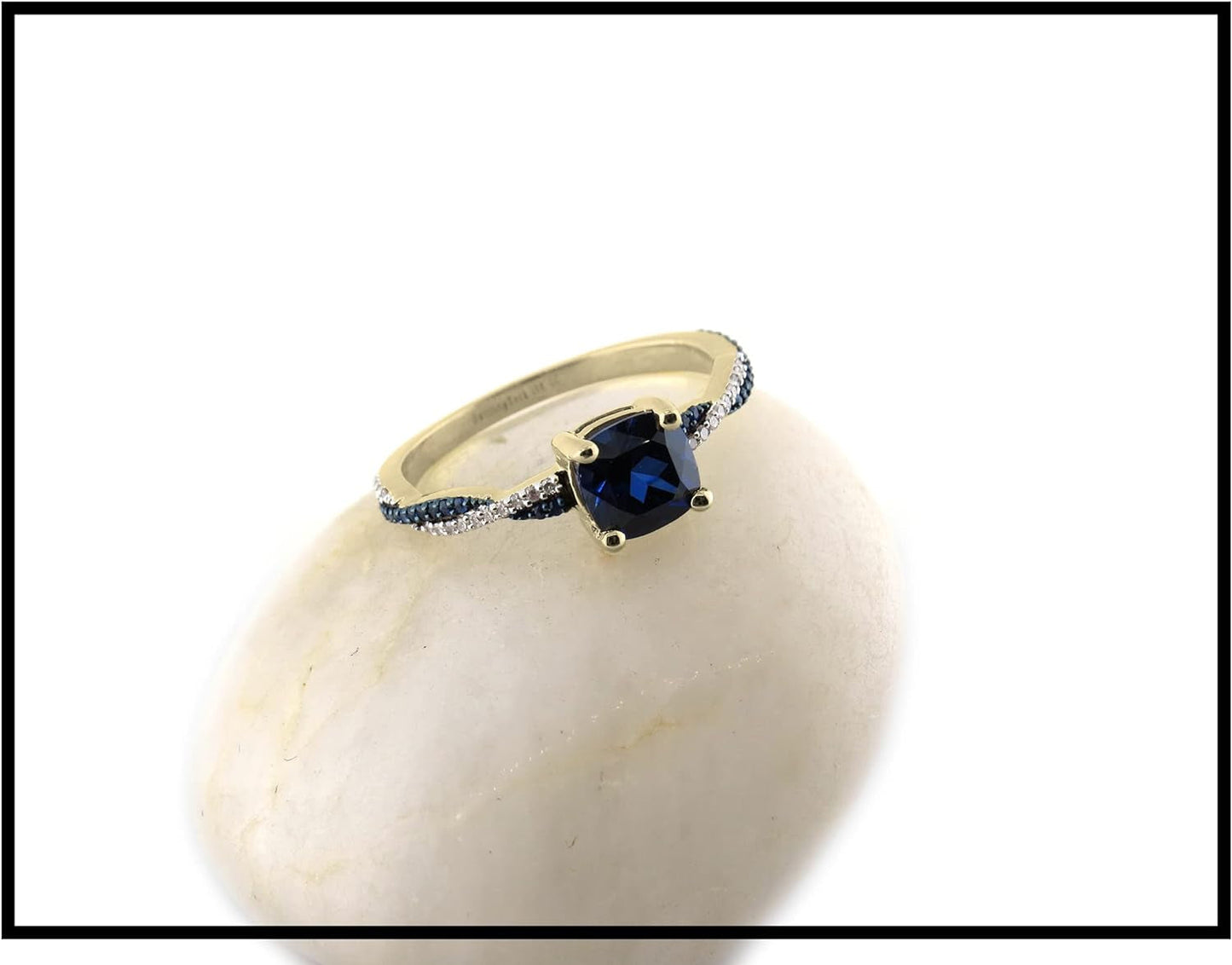 6 MM Cushion Lab Created Blue Sapphire with round Blue Sapphire & Diamond Ladies Engagement Ring | 10K Yellow Gold, Size 7