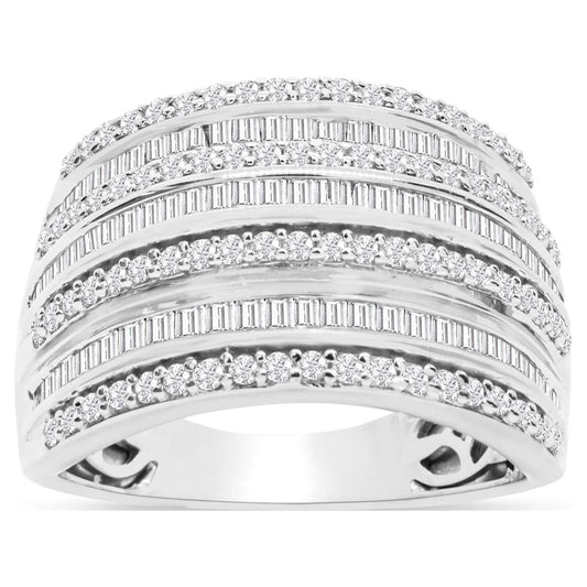 1 Carat Baguette and round Colorless Diamond Band Ring in Sterling Silver for Women