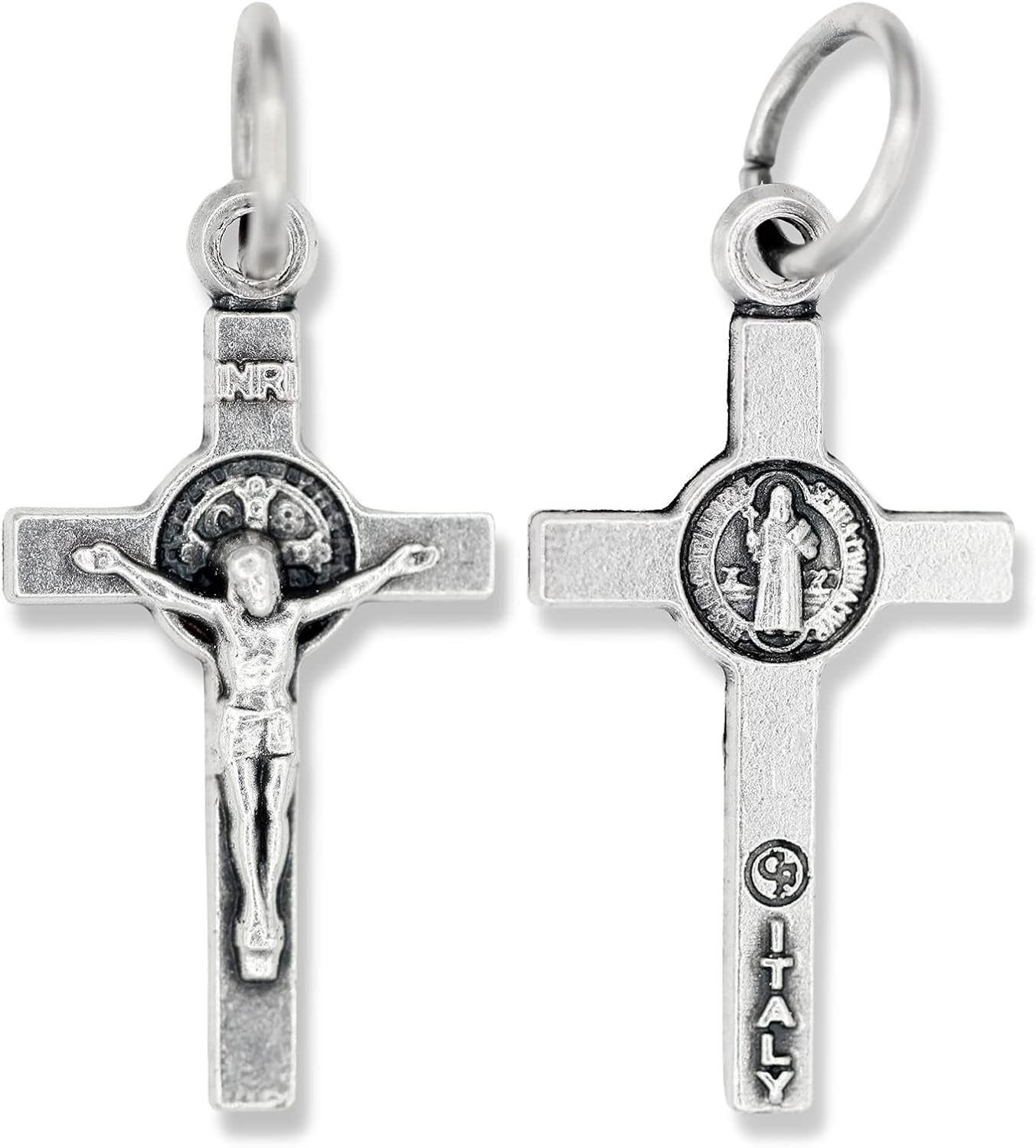 Silver Oxidized Italian Crucifix and Mary Mini Miraculous Medal Necklace on 16" Stainless Steel Chain - Jesus Mary Chain Catholic Necklace for Women, Couples Necklace, Unisex Religious Medal Necklace