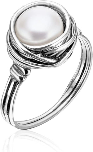 925 Sterling Silver Ring with Fresh Water Pearl Wire Wrap Vintage Design - Hypoallergenic, Nickel & Lead-Free - Artisan Handcrafted Statement Rings for Women