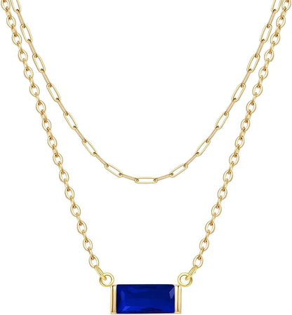 Layered Birthstone Necklace for Women Mothers 14K Gold Charm Necklace Dainty Paperclip Chain Necklace Pink Emerald Red Purple Pendant Necklace Diamond Jewelry Birthday Party Prom Wedding