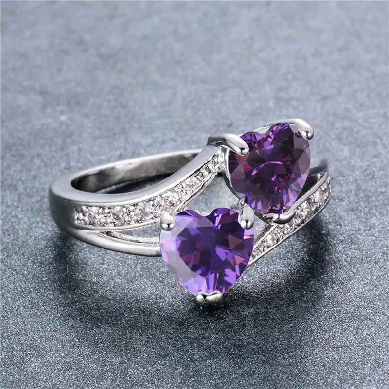 Birthstone rings...romantic double heart cut gemstone blue white opal rainbow topaz crystal ring white gold jewelry