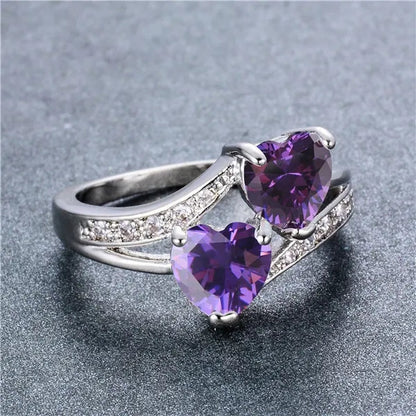 Birthstone rings...romantic double heart cut gemstone blue white opal rainbow topaz crystal ring white gold jewelry
