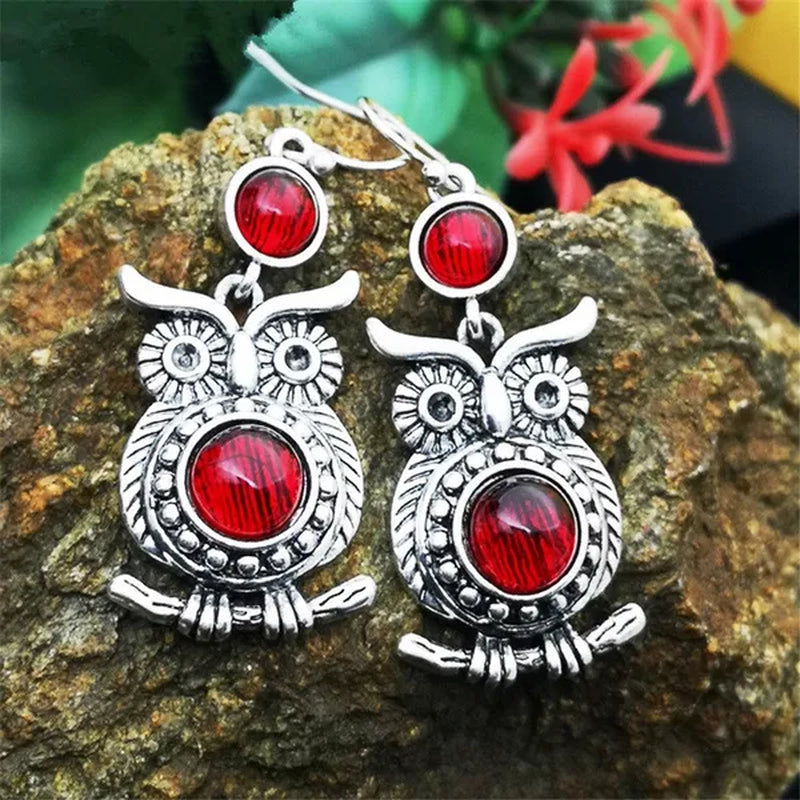 Retro Tibetan Silver Natural Ruby Sapphire Inlay Owl Ear Hook Dangle Earrings Gift for Women - WORLD TIME VISITS