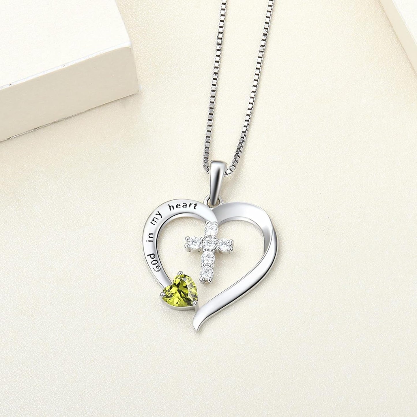 Women'S Heart Cross Necklace 925 Sterling Silver Birthstone Pendant God in My Heart Jewelry