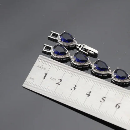 Blue Zircon With White Topaz Crystal Water Drop Shaped Silver Jewelry Sets Necklace Pendant Earring Ring Bracelet For Women