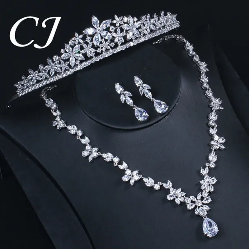 CANDICE Luxurious Classy White Gold Plating Bridal Crown Tiara Necklace Earrings Sets Pave Water Drop Cubic Zirconia Wedding Jewelry Set for Brides