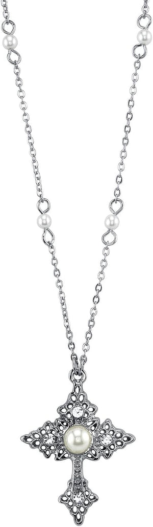 1928 Jewelry Women'S Silver Tone Filigree Cross with Faux Pearl Crystal Accent Pendant Necklace 16" + 3" Extender