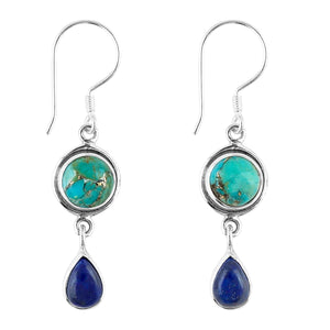 Turquoise & Lapis Lazuli Gemstone Earrings | 925 Sterling Silver Jewelry | Artiasn Crafted Handmade Jewelry | Stunning Drop Design | Healing Crystals | Perfact Gift for Women