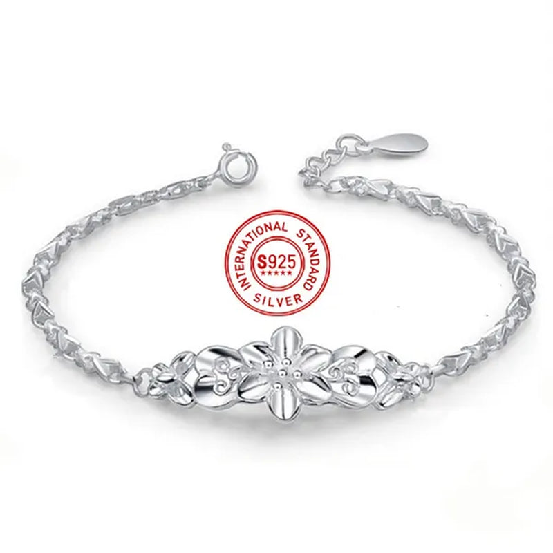 Fashion Beautiful 925 Sterling Silver Solid Flower Bracelet for Women Chain Charm Classic Wedding Jewelry Gift