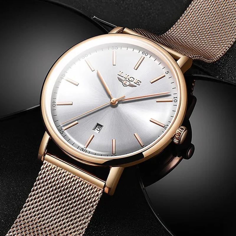2019 LIGE Luxury Rose Gold Ladies Watch Simple Fashion Casual Ladies Watch Ultra-Thin Waterproof Quartz Watch Montre Femme