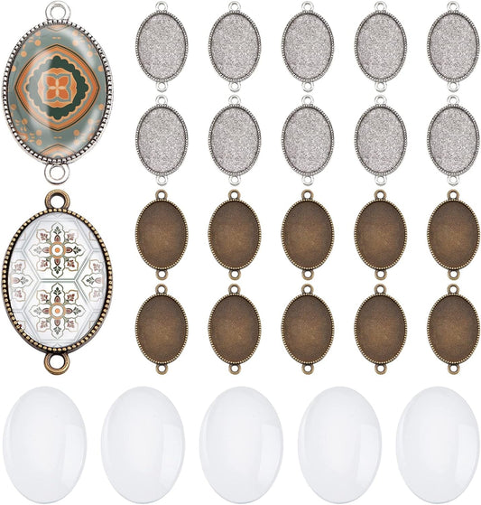 24Pcs Double Holes Photo Charms Connector Pendant Tray Blanks Bezel Cabochon Settings with 24Pcs Glass Cabochon Tiles Memorial Photo Pendant for Bouquet Wedding Graduation Photo Charm