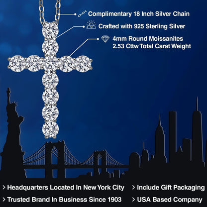 Moissanite Cross Necklace | 925 Sterling Silver | 2.53 Cttw | 1.20 Inch | Jesus Christian Religious Crucifix Jewelry Pendant Necklace for Women | with 18 Inch Silver Chain