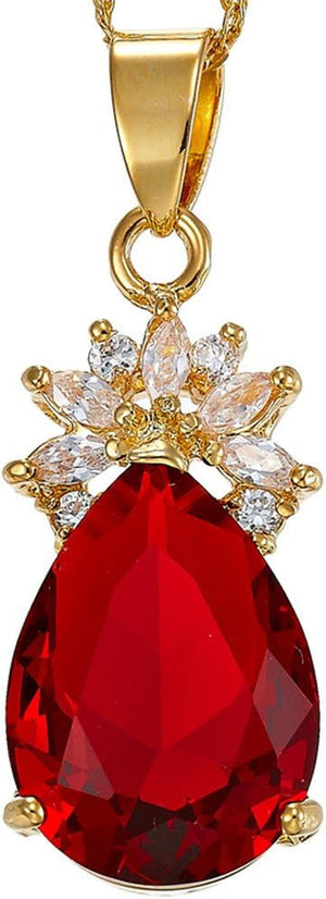 Pendant with 18" Chain & Pear Cut CZ [5 Colors Available] in Yellow Gold Plated, Simple Modern Elegant