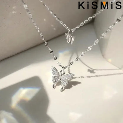 KISMIS 1 Pc/2 Pcs Exquisite and Creative Women's Diamond Necklace Butterfly Double Layer Necklace Shiny Diamond Ladies Clavicle Chain Elegant Charm Wedding Pendant Jewelry