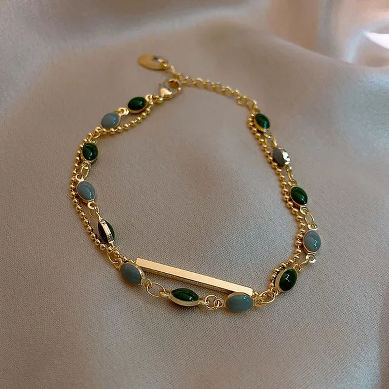 Blue Green Color Crystal Charm Bracelets for Women Gold Color Beaded Chain Double Layered Adjustable Bracelet Accessories