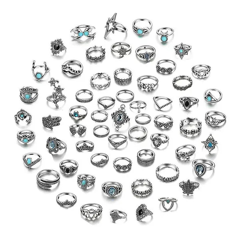 New 60Pcs Womens Rings Silver Gold Plated Rhinestone Vintage Jewelry Bohemian Style Finger Joint Ring Party Favor Gifts