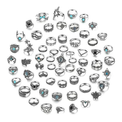 New 60Pcs Womens Rings Silver Gold Plated Rhinestone Vintage Jewelry Bohemian Style Finger Joint Ring Party Favor Gifts
