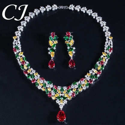 CANDICE Noble Red Crystal Water Drop Pendant Necklace and Dangle Earrings Pave Multi Shape Colorful CZ Stone Women Wedding Party Dress Jewelry Set