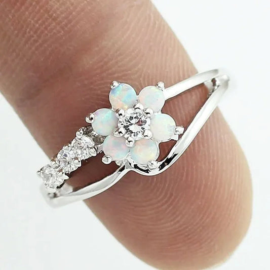 Delysia King Exquisite round cut white fire Australian gemstone flower ladies opal ring diamond jewelry birthday gift bridal engagement party ring size 6-10