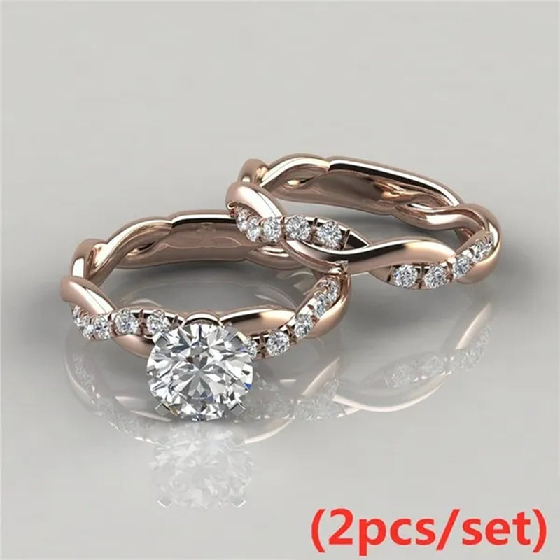 Women's Dainty  Twist Round Cut White Sapphire Ring Set Bridal Engagement Diamond Ring Wedding Band Anniversary Gift Banquet Party Jewelry Ring Size 5-11 - WORLD TIME VISITS