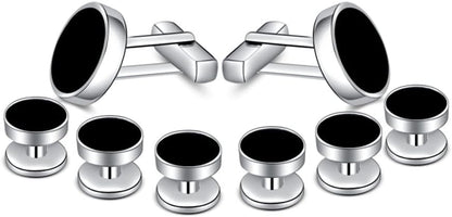 Mens Onyx Cufflinks and Studs Set Silver Black Cufflinks for Men Tuxedo Shirts Business Wedding Gift